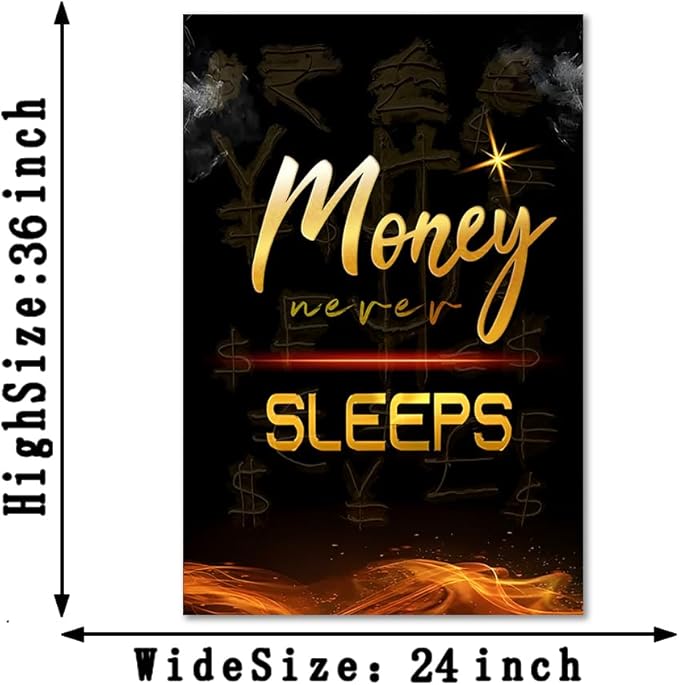 Modern Home Decor Motivational Poster Money Never Sleeps Black and White Inspiring Office Art Workplace Teamwork Artwork Wooden Framed Easy to Hang-24x36 inch