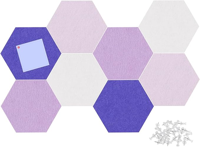 Felt Bulletin Board Tiles, 8 Pcs Hexagon Wall Tiles with Removable Adhesive, 7.9×6.9 Inch Cork Pin Board for Classroom, Home, Office (Set F, Middle)