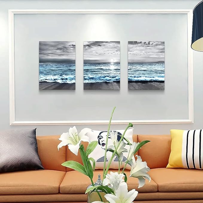 DZRWUBHS Wall Decorations For 3 Piece Framed Canvas Art Bedroom Office Decor Black &White Painting Blue Ocean Sea Wave Pictures Artwork Modern Beach Posters Home Decor,Blue Ocean Landscape Paintings