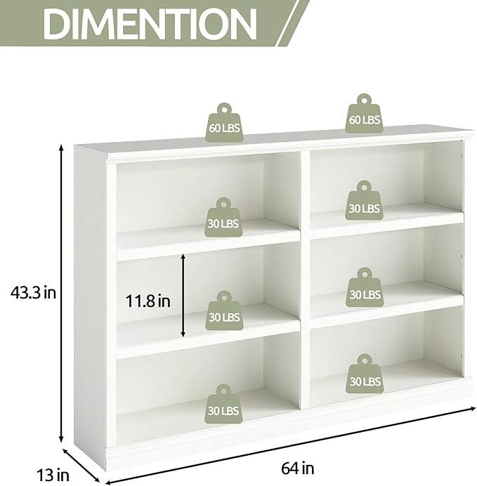 blini Low Horizontal Bookshelf White Bookcase Double Wide 64" 3-Tier Book Shelf 6 Cube Storage Organizer Wooden Bookcases for Bedroom and Home Office Decor Display