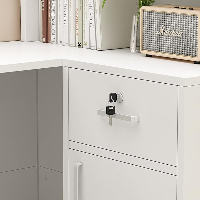 Homsee Reception Desk L-Shaped Office Desk with Counter, 1 Door Storage Cabinet, 1 Lockable Drawer, Hutch Shelf & Keyboard Tray, White