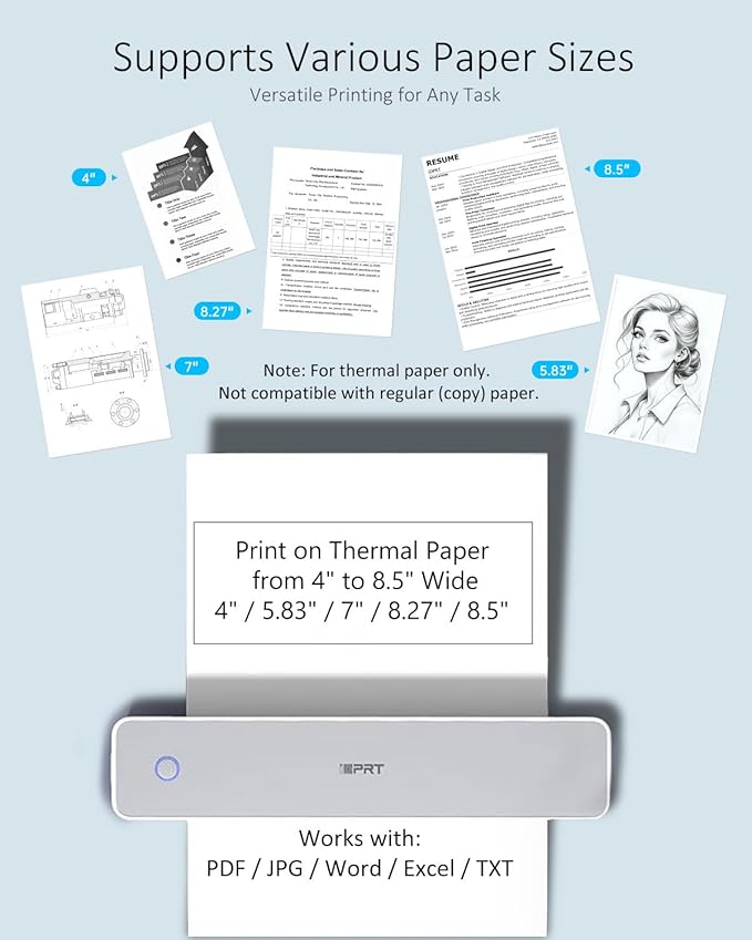 Inkless Portable Printer for Travel, Wireless Thermal Printer with 1 Case and 200pcs Paper Kit Supports 8.5 x 11" US Letter, A4, 610Pro 300DPI Small Bluetooth Printers for Phone Home Office Car, Grey