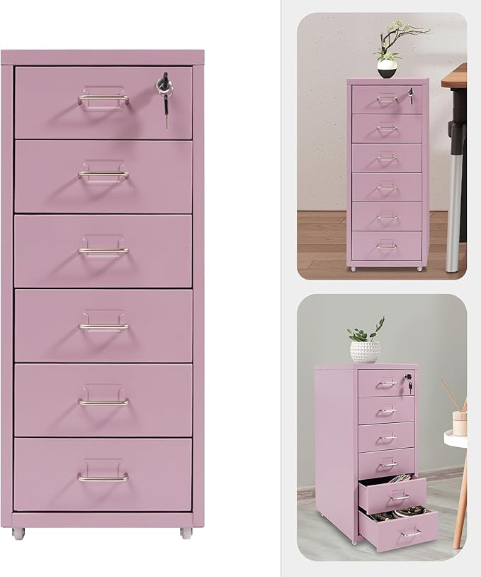 6 Tiers Metal File Cabinet with 6 Drawers Vertical Filing Cabinet with Lock & Wheels Freestanding Locking Storage Cabinet for Home Office, 11 * 16 * 27in (Purple)