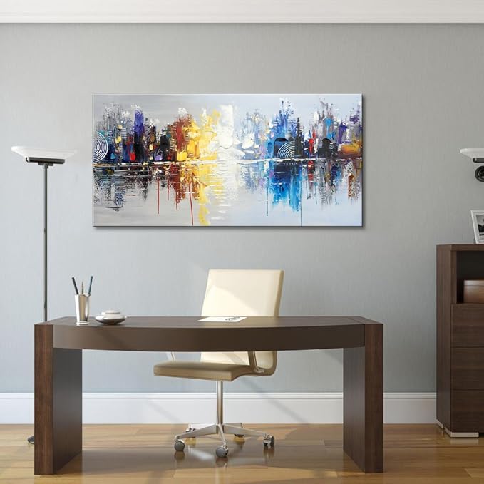 Hand-painted Textured City Oil Painting on Canvas Reflection Abstract Cityscape Wall Art for Decor