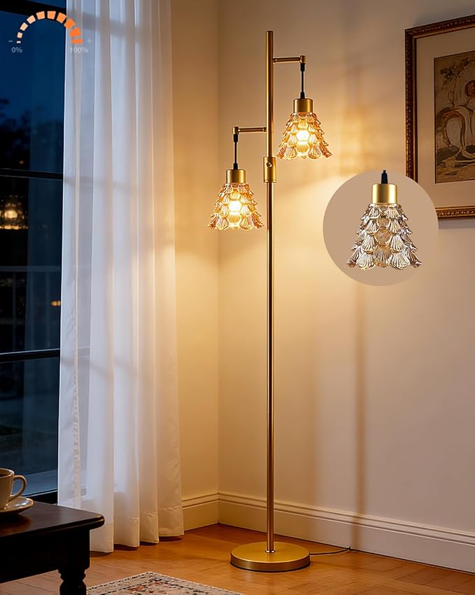 Lightdot 65IN Glass Floor Lamp for Living Room, 2- Light Gold Floor Lamps with Brown Glass Shade& 3000K Warm White Bulbs, Modern Standing Tall Lamp for Bedroom/Corner Beside/Home Decor