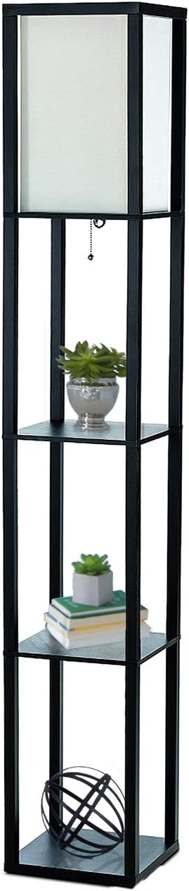 Simple Designs LF1014-BLK 62.5" Modern Etagere Organizer Storage 3 Shelf Floor Lamp with White Linen Fabric Shade for Home Décor, Office, Study, Bedroom, Living Room, Dining Room, Black