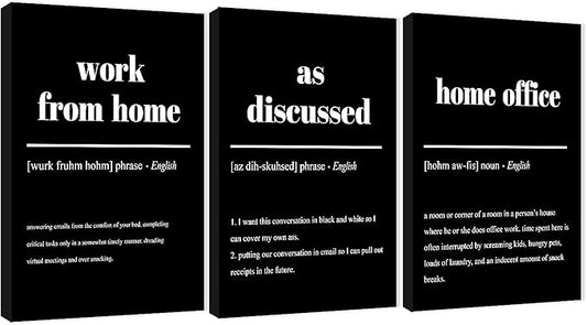 3 Piece Inspirational Canvas Wall Art, Quote "Work From Home - as Discussed - Home Office" Motivational Print Picture, Triptych Entrepreneur Poster Framed Artwork for Men Women Room Decor(36"Wx24" H)