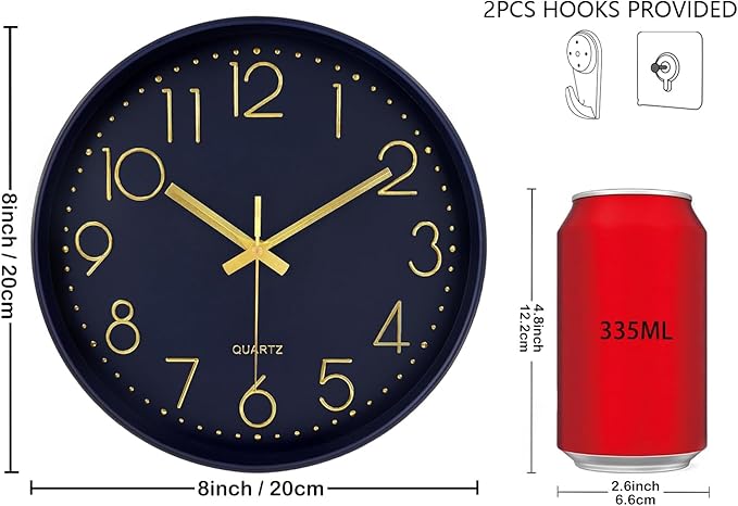 Silent Wall Clocks Battery Operated 8 Inch, Analog Wall Clock with Large Number Tempered Glass Clock Face, Navy Blue Quartz Non Ticking Wall Clocks for Living Room Bedroom Kitchen Office