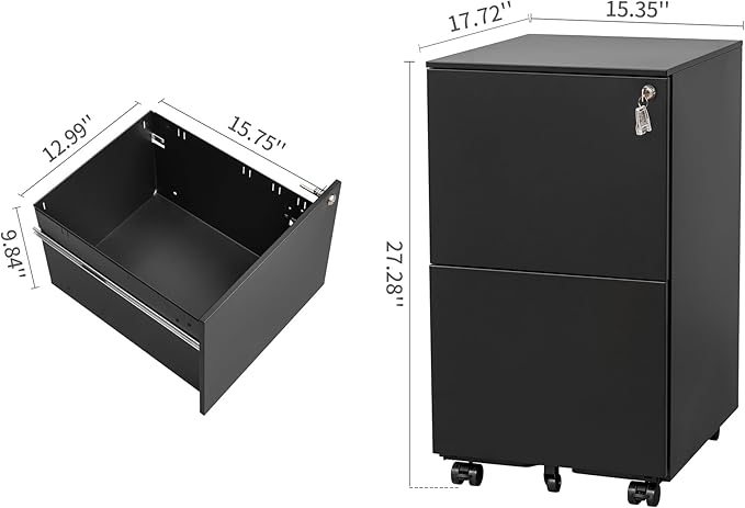JULYFOX 2 Drawers Mobile File Cabinet W/Lock, 27.2 inch Black Steel Filing Cabinet on Casters with 2 Keys Fully Extension Drawers Letter Legal A4 Size 300 lb Heavy Duty-Black