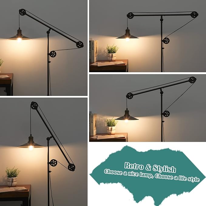 Adjustable Industrial Floor Lamps for Living Room - Rustic Reading Lamp with Pulley System, Modern Farmhouse Indoor Pole Task Lamp, Vintage Tall Standing Lamps for Bedroom Office, Blackened Bronze