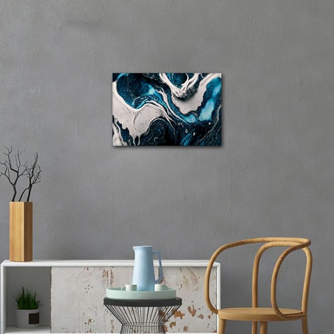 Canvas Wall Art for Lady for Living Room 1 Panel Wall Art Abstract Blue Liquid Ink Picture Prints on Canvas for Minimalist Enthusiasts Office Wall Decor Stretched and Framed Ready to Hang 18x12 in