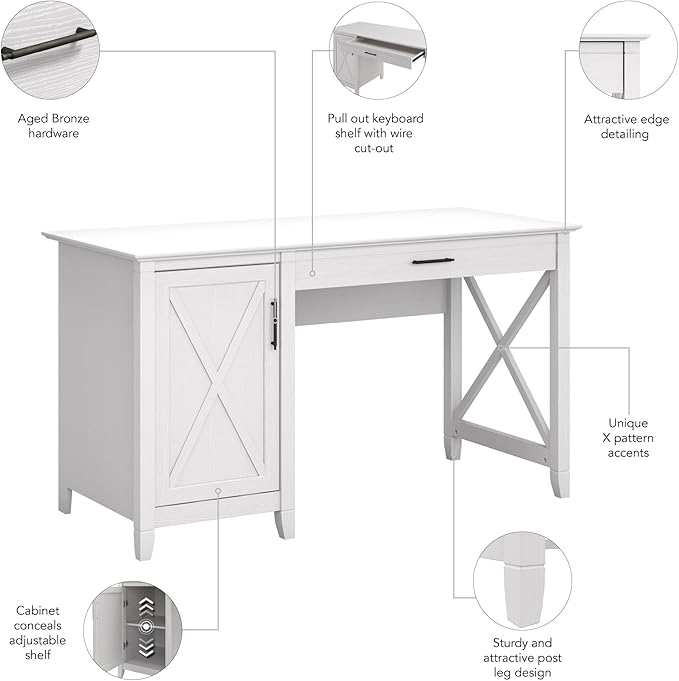 Bush Home Key West Computer Desk with Storage | Farmhouse PC Table for Home Office in Pure White Oak | 54W x 24D