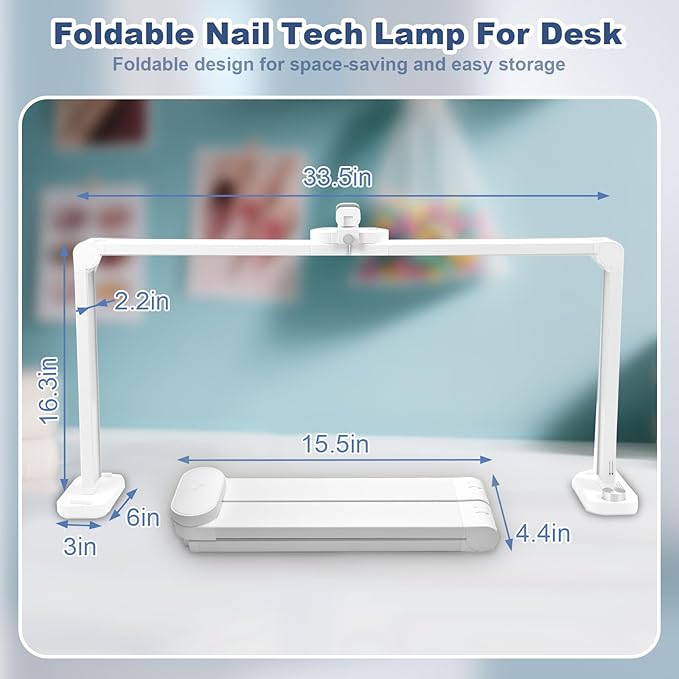 CGBE Foldable Nail lamp for Desk: Large Wide Half Moon Light with Phone Holder for Nail Salon Technicians - No Glare Craft Desk Light for Manicure lash Task for Esthetician 33.5'' - White