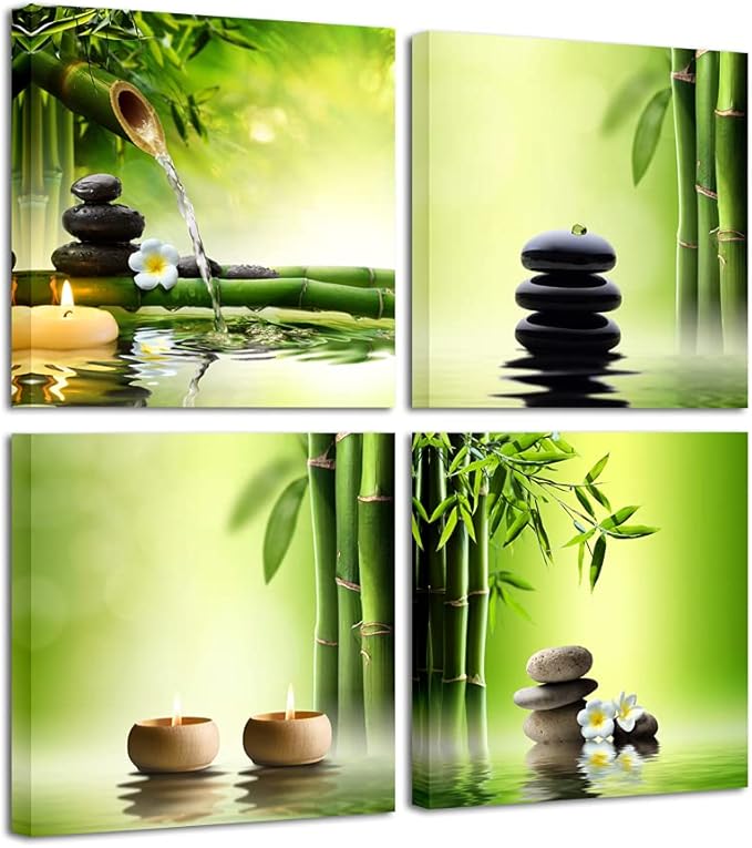 Pyradecor Modern 4 Panel Stretched Contemporary Zen Canvas Prints Perfect Bamboo Green Pictures on Canvas Wall Art for Home Office Decorations Living Room Bedroom