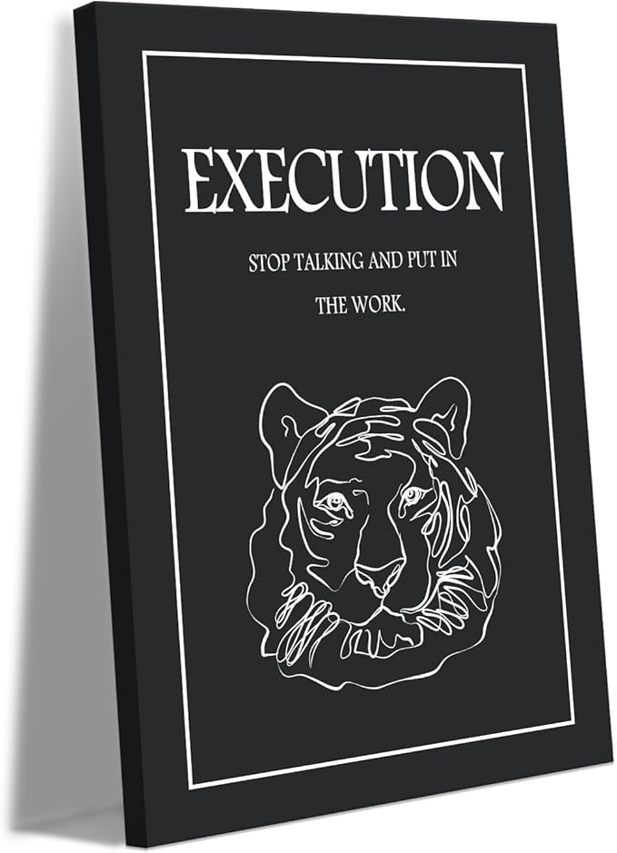Motivational Wall Art - Black and White Tiger Head Canvas Print with Inspiring Quote, Inspirational Office Wall Decor STOP TALKING AND PUT IN THE WORK Execution Poster for Home Gym, Framed 28"x44"