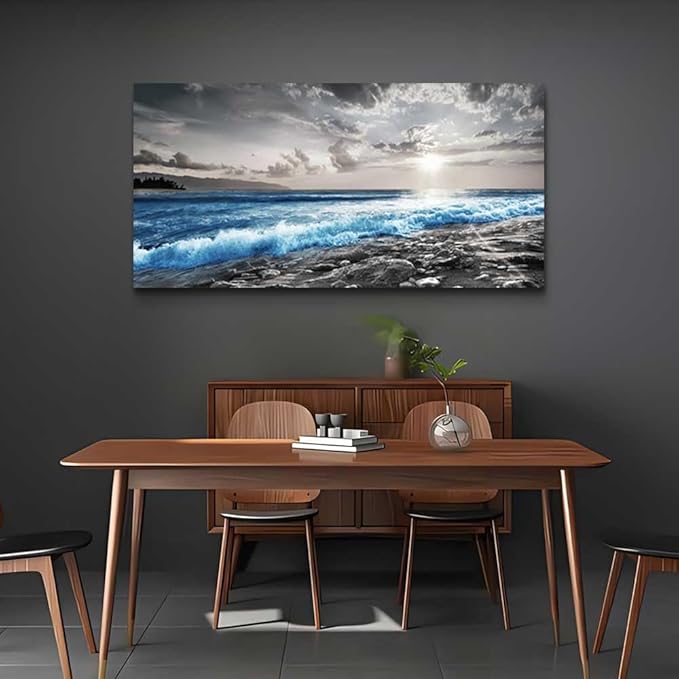 hyidecorart Large Wall Decor For Living Room Canvas Wall Art For Office Bedroom Decorations Blue Ocean Wave Wall Painting Black and White Beach Pictures Artwork Modern Mural Home Decor