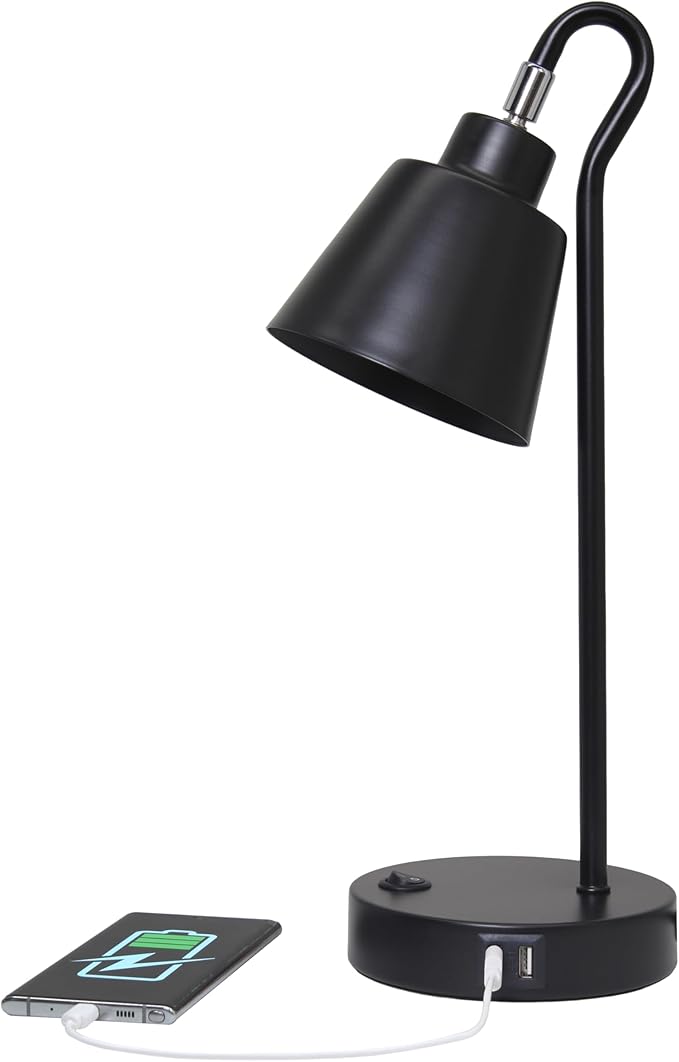Simple Designs LD1073-BLK 16" Sleek Essentials Metal Looped Desk Task Lamp with Adjustable Shade and Dual USB Ports, for Office, Desk, Nightstand, Black