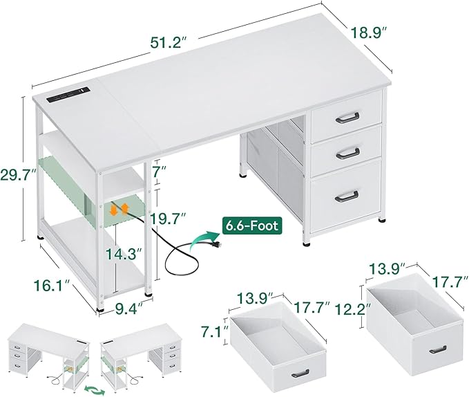 AODK 51 Inch Computer Desk with Drawers & USB Power Outlets - Reversible Home Office Desk with Storage Shelves, Work from Home, Modern Work/Writing/Study Table for Bedroom, White