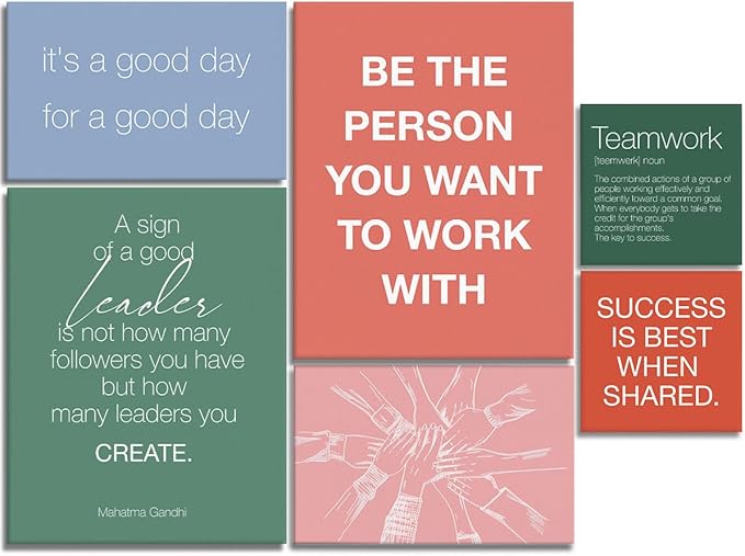 YEOION Inspirational Office Wall Art for Women,Motivational Teamwork Wall Decor for Office,Orange and Green Postive Quote Workplace Canvas Wall Art for Set of 6