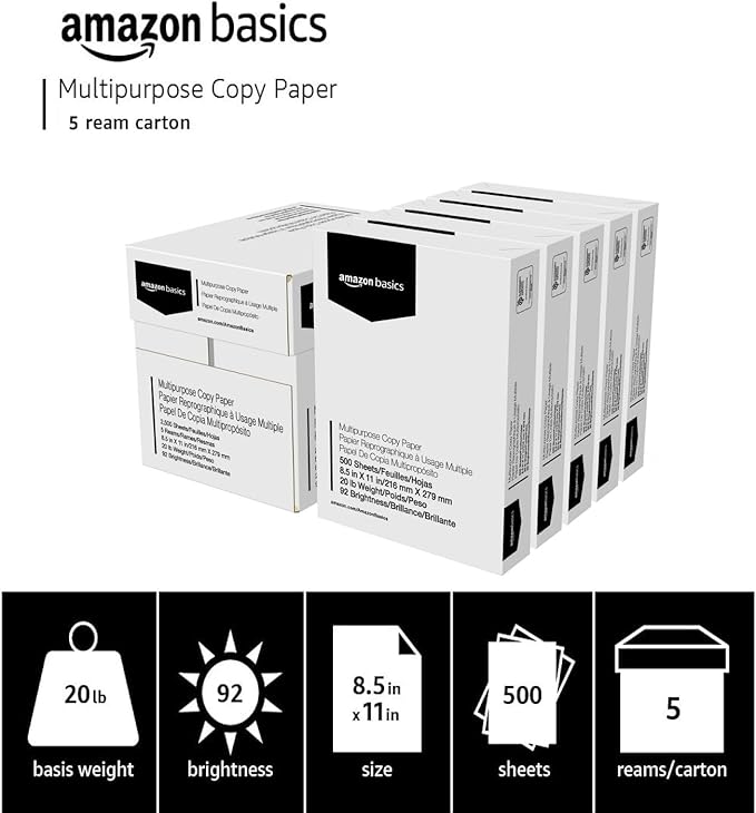 Amazon Basics Multipurpose Copy Printer Paper, 20 lb, 8.5 x 11 Inches, 5 Reams (2,500 Sheets), 92 Bright White