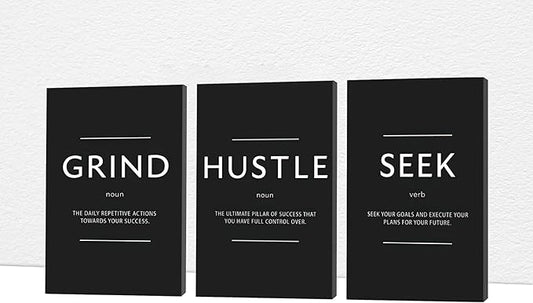 Office Wall Art - 3 Panel Motivational Wall Art, Inspirational Quotes Canvas Art for Home Office Wall Decor, Positive Quotes Wall Decor, Entrepreneur Grind Hustle Execution Poster Frame (12”x24”x3Pcs)