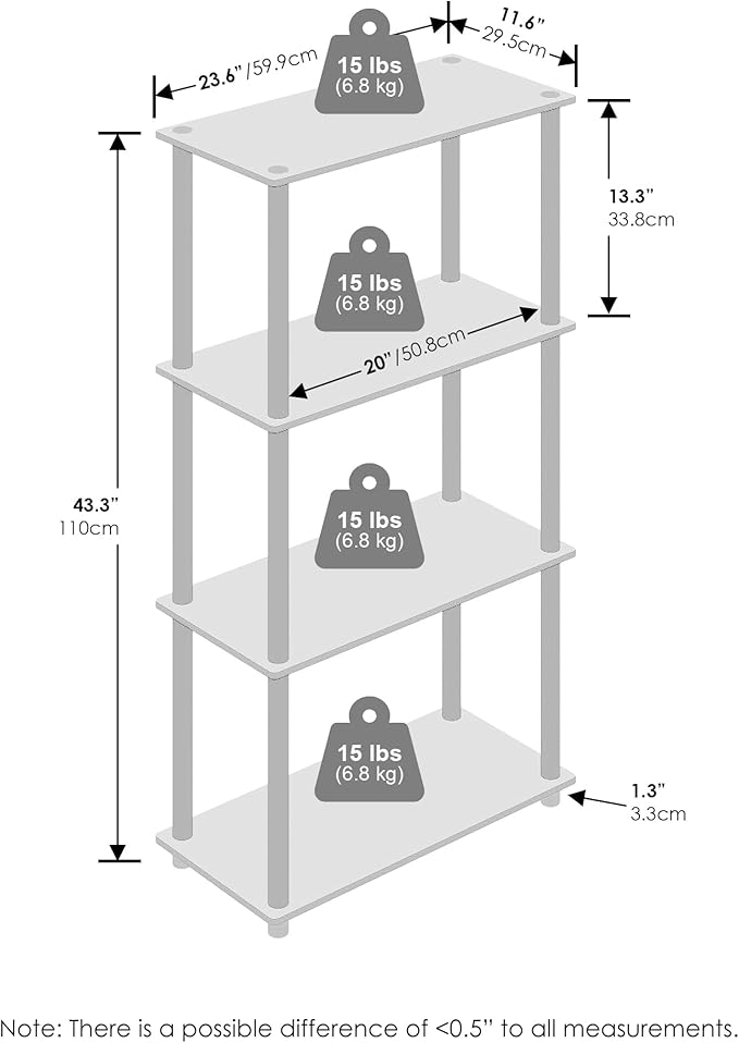 Furinno Turn-N-Tube Book Shelf, 4-Tier Bookshelf, Bookcase with Multipurpose Compact Display Rack, 11.6 x 23.6 x 43.2, for Living Room, Bedroom, Home Office, Columbia Walnut/Black