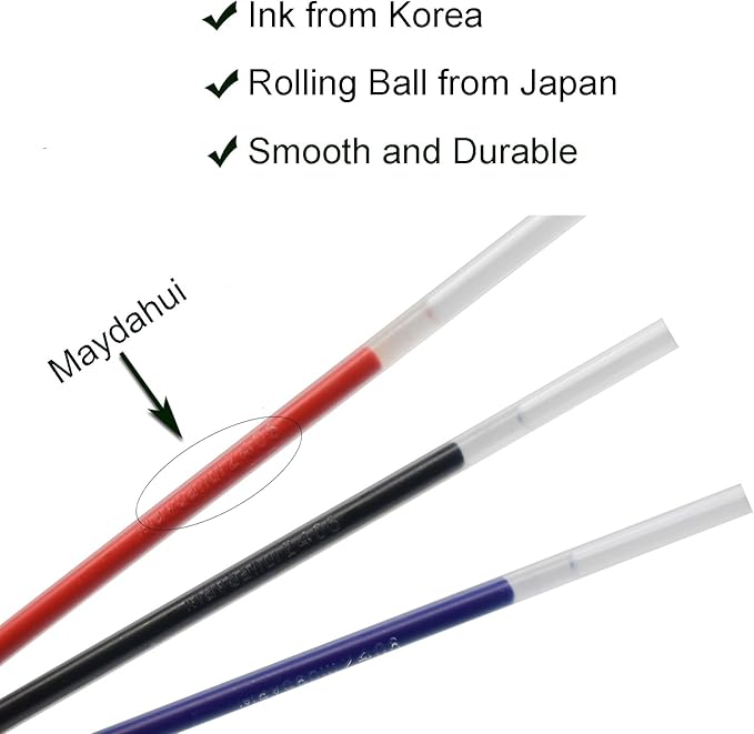 Maydahui 50 PCS Rollerball Gel Pen Refills 3 Colors Black Blue Red Metal Tip 0.7 mm Bullet 5 mm Aperture for School Party Office