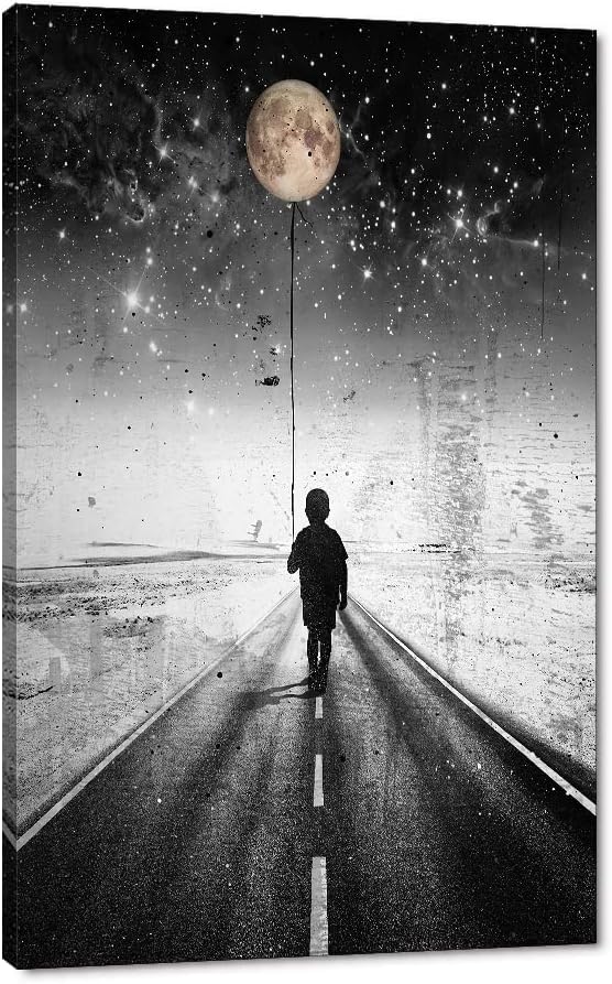 Yatsen Bridge The Road Inspirational Canvas Wall Art, Boy Walking in the Moonlight Canvas Picture Art Print, Modern House Wall Decorations Stretched and Framed Ready to Hang - 28x44 inches