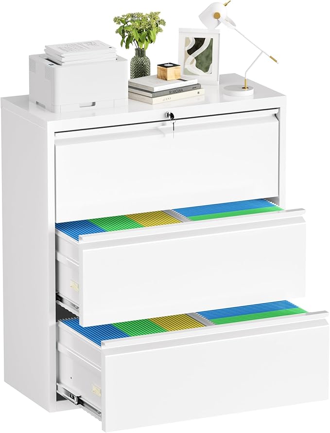 Oakcloud 3 Drawer File Cabinet for Home Office, Filing Cabinet with Lock, Metal Vertical File Storage Cabinet for A4/F4/Letter/Legal Size, Easy Assemble (28“-White)