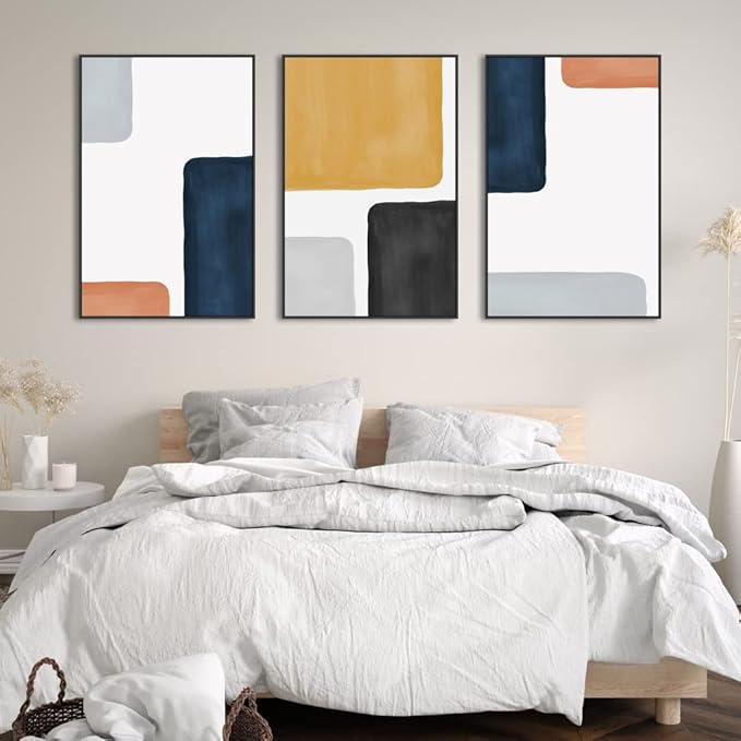 MPLONG Framed Wall Art Modern Abstract Canvas Wall Art 3 Piece Set Of Painted Prints Boho Style For Living Room Bathroom Kitchen Office Wall Decor Canvas Artwork (Black)