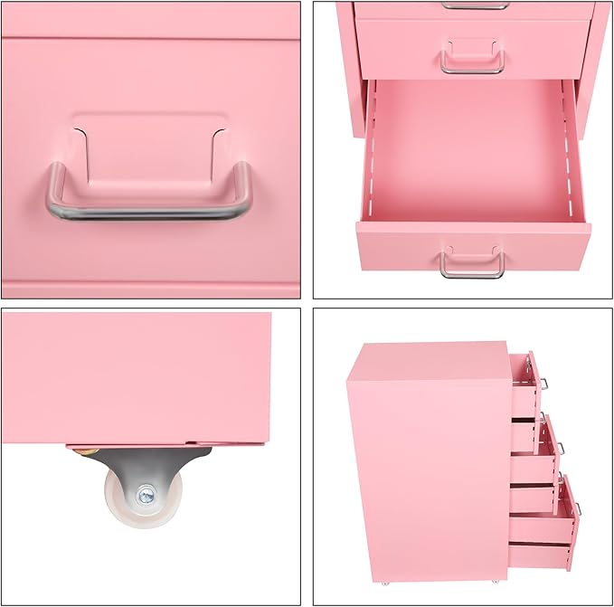 Vertical File Cabinets | 3 Drawer File Cabinet with Wheels| Steel Lockable Storage Cabinets | Metal S-torage Cabinet for Home Office | Storage A4/F4/Letter/Legal (Pink-6 Drawers)