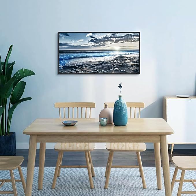 Black Framed Canvas Wall Art For Living Room Large Wall Decor For Bedroom Modern Office Decor Blue Beach Sun Ocean Landscape Painting Prints Artwork Seascape Framed Hang Pictures Home Decoration