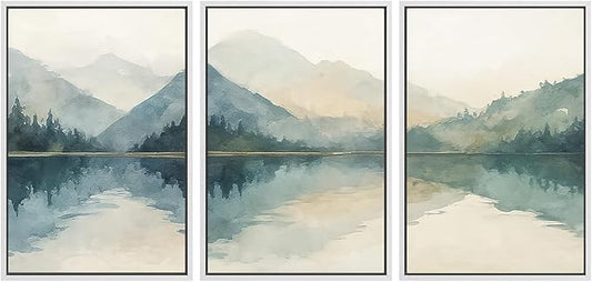 SIGNWIN Framed Canvas Print Wall Art Set Calm Lake Reflection Watercolor Mountain and Water Illustrations Modern Art Decorative Abstract for Living Room, Bedroom, Office - 16"x24"x3 White