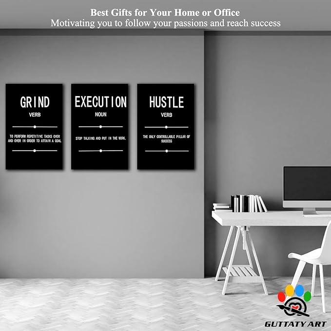 Office Wall Art - 3 Panel Motivational Wall Art, Inspirational Quotes Canvas Art for Home Office Wall Decor, Positive Quotes Wall Decor, Entrepreneur Grind Hustle Execution Poster Frame (20”x30”x3Pcs)