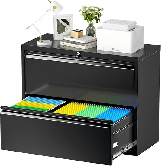 Incbruce 2 Drawer Lateral File Cabinet with Lock, 28" W Under Desk Filing Cabinet Filing Cabinets for Home, Office, Fit A4/F4/Letter/Legal File(Black)