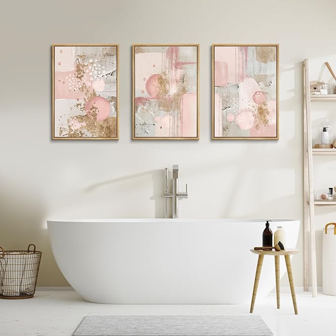 3Pcs Pink and Gold Canvas Wall Art Abstract Posters Print Geometric Pictures Decor for Living Room Bedroom Bathroom Home Decoration UnFramed
