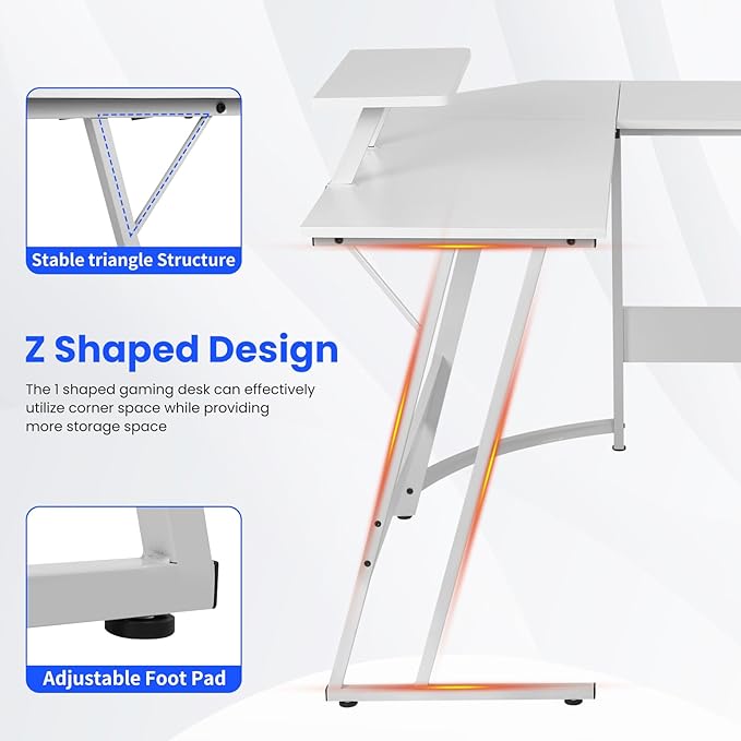 L Shaped Gaming Desk, 50 Inch Corner Desk, Office Computer Desk with Large Monitor Stand for Home Office Sturdy Writing Workstation, Easy to Assemble, White