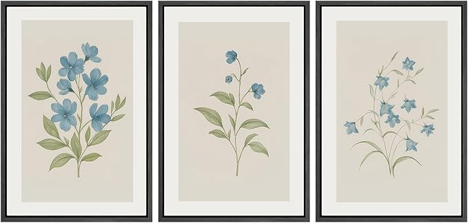 SIGNWIN Framed Canvas Print Wall Art Set Blue Floral Botanical Vintage Wildflower Illustrations Modern Art Decorative Nordic Abstract for Living Room, Bedroom, Office - 16"x24"x3 Black
