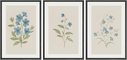 SIGNWIN Framed Canvas Print Wall Art Set Blue Floral Botanical Vintage Wildflower Illustrations Modern Art Decorative Nordic Abstract for Living Room, Bedroom, Office - 16"x24"x3 Black