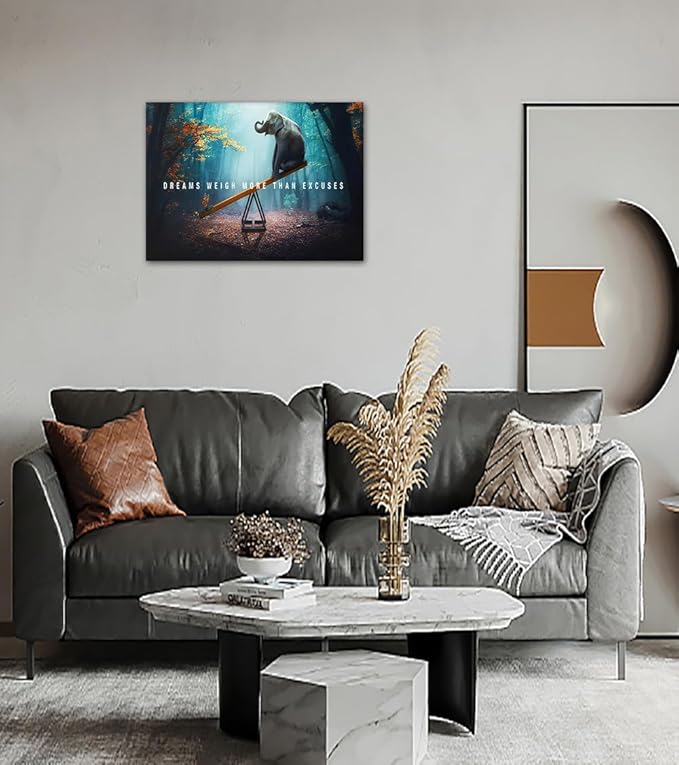 Wall Art Dreams Weigh More Than Excuses Painting on Canvas Inspirational Picture Motivational Quotes Poster Elephant and Butterfly Prints for Home Decor Living Room, Framed 18" H x 24" W