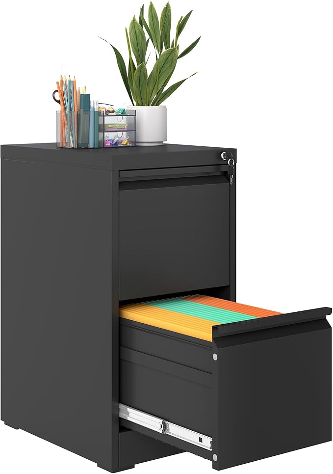 2 Drawer File Cabinet with Lock, Narrow Vertical Filing Cabinets for Home Office, Under Desk Storage Cabinet, Heavy Duty File Cabinet, Amssebly Required, Black