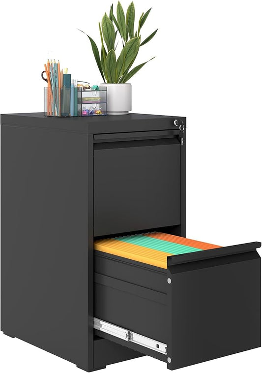 2 Drawer File Cabinet with Lock, Narrow Vertical Filing Cabinets for Home Office, Under Desk Storage Cabinet, Heavy Duty File Cabinet, Amssebly Required, Black