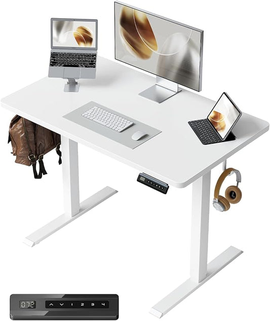 CubiCubi 32 x 20 Small One-Piece Standing Desk, Adjustable Height Electric Computer Home Office Sit Stand up Workstation, with 4 Memory Presets, Headphone Hook, White