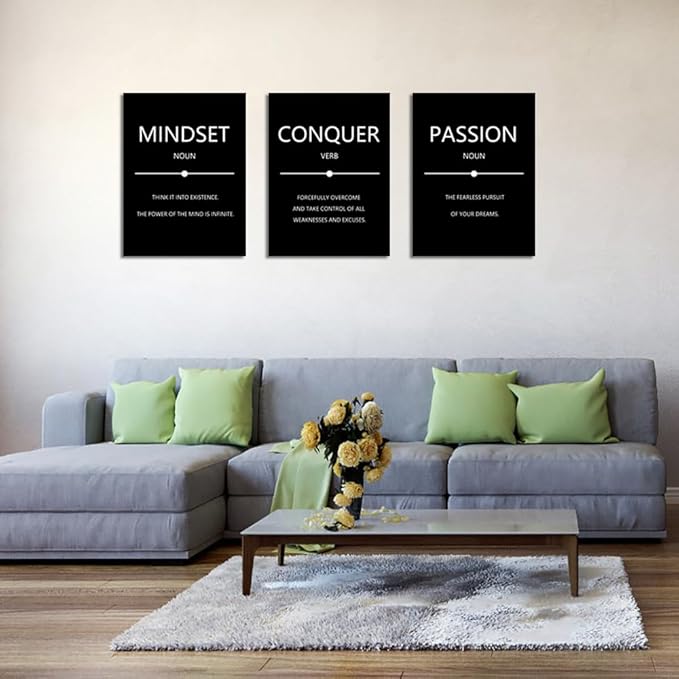 Unbruvo Motivational Wall Decor for Office, 3 Pieces Inspirational Canvas Wall Art, Mindset Passion Conquer Canvas Poster, Positive Quotes for Entrepreneur Meeting Room Lobby Bedroom(48''Wx 24''H)