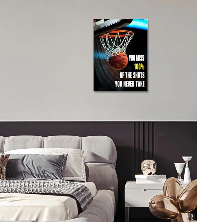 Basketball Sports Canvas Wall Art Inspirational Wall Decor Motivational Poster Inspirational Theme Artwork for Boys Room Bedroom Dormitory Gym Playroom Decoration Framed Easy to Hang - 18x24 inch