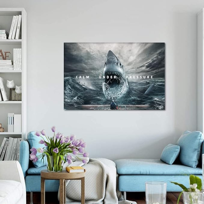 Large Inspirational Pictures Wall Art for Home Office Decor Calm Under Pressure Motivational Quotes Pictures Wall Decor Sharks and Angler Posters Prints Decoration Framed Ready to Hang - 24" Hx36 W