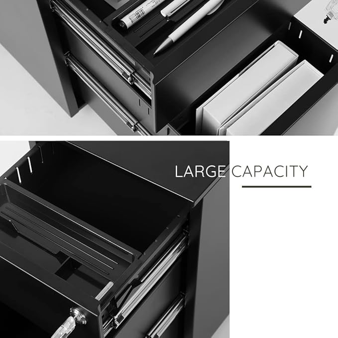 2 Drawer Mobile File Cabinet for Storage Under Desk in Home Office, Mobile File Cabinet, Metal File Cabinet with Lock, Legal/Letter /A4/F4 Size, Fully Assembled, Including Wheels, Black