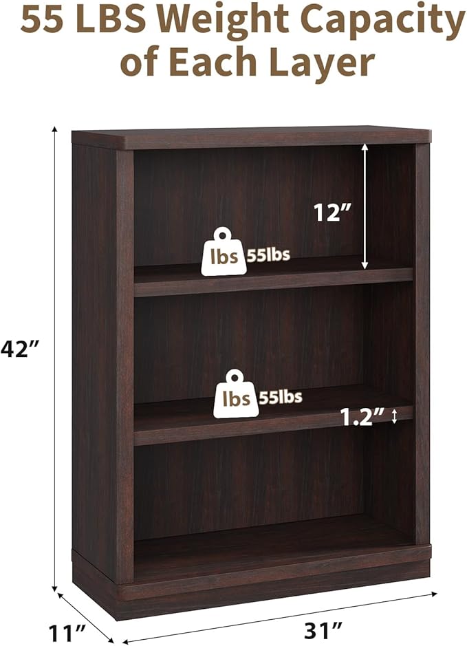 Rresyet 3 -Tier Bookcase, 42" Tall Book Shelf, 31” Wide Bookshelves, Wooden Bookcase Display Storage for Home Office, Living Room and Study Room (Cherry)