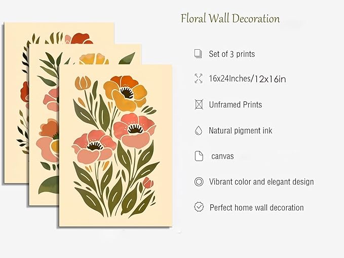 SFXYRTAH 3Pcs Boho Floral Wall Art Abstract Botanical Flower Canvas Prints Minimalist Plant Posters Printing Artwork for Living Room Bedroom Office Home Decor Unframed (16x24in posters)