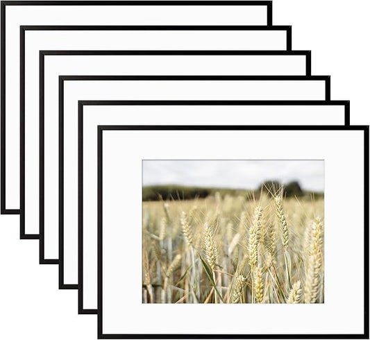 Golden State Art, Gallery Wall Frame Set of 6 - Black 11x14 Aluminum Photo Frames with Mat for 8x10 Pictures - 11 x 14 inch Metal Frame with Real Glass Cover - Elegant Home or Office Decor